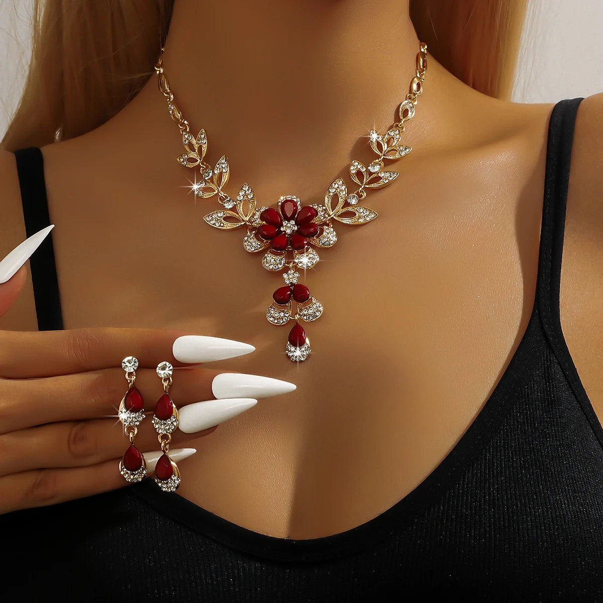 Conjunto de joyería para mujer, collar de flores de oro n...