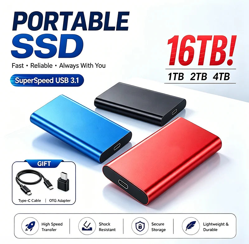 SSD Portátil 1TB/2TB USB 3.1 - Almacenamiento Móvil Rápido