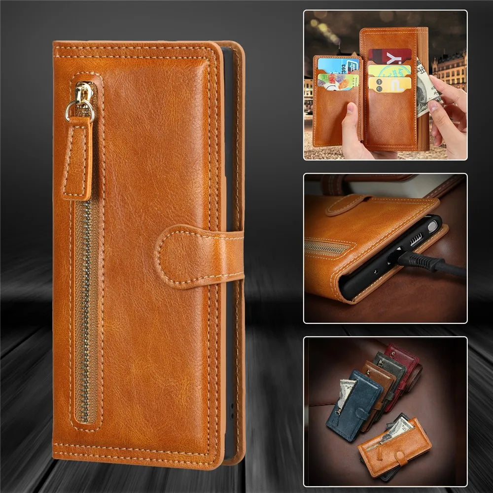 Luxury leather Samsung Galaxy S20 FE, Note 20 Ultra wallet case with zipper and flap, featuring card slots and premium design.