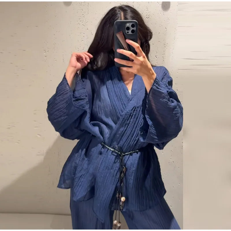 Conjunto Casual Mujer V-Neck Manga Ancha Lazo Pantalón Holgado