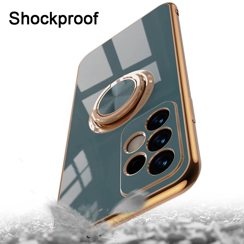 Metal ring phone case with built-in support, designed for secure grip and stand functionality on smartphones.
