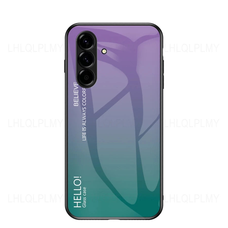 Tempered glass screen protector with gradient design for Samsung Galaxy smartphone, providing durable protection and stylish look.