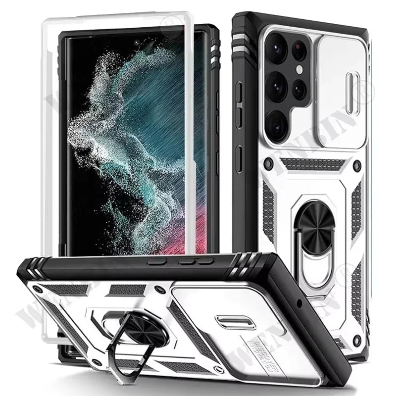 Samsung S25 Ultra protective case with 360-degree support, compatible with Galaxy S23, S24, A57, A36, and A16 models.