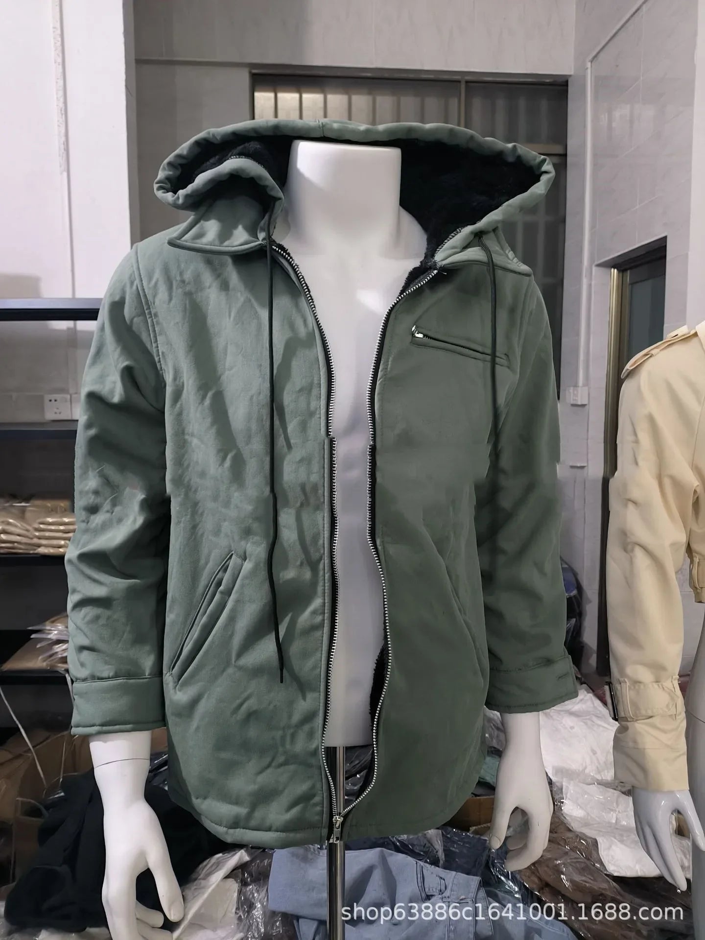 Chaqueta Invierno Hombre Lana Capucha Bolsillo Cremallera Cálida