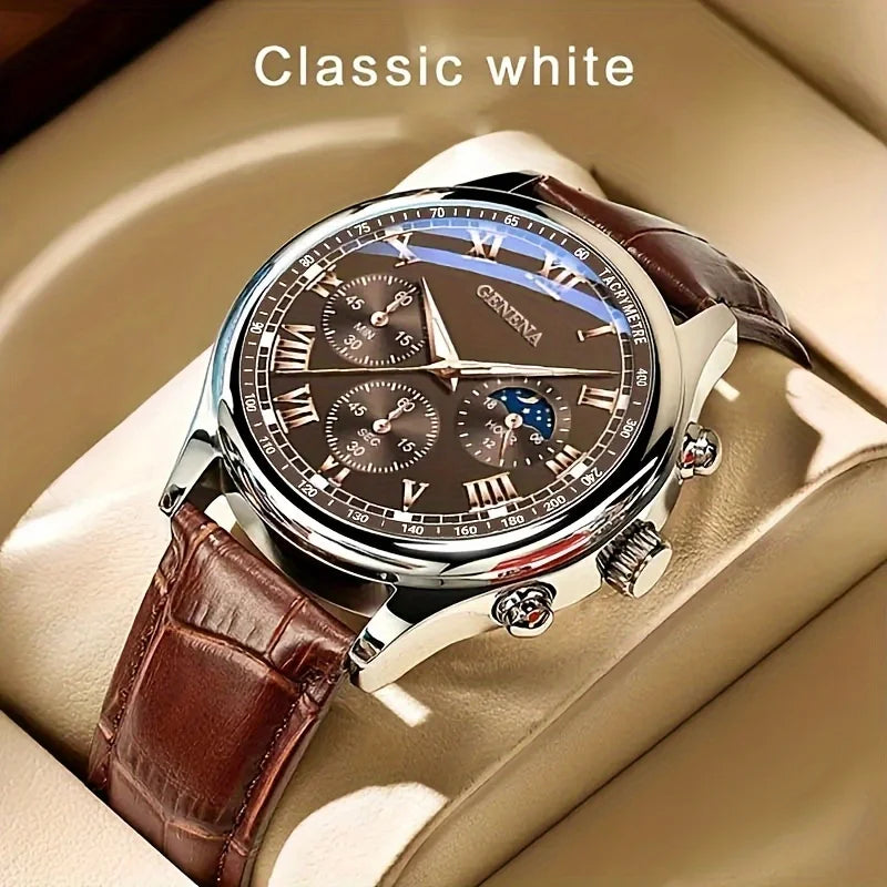 Reloj Geneva con caja plateada, fase lunar, triple subesf...