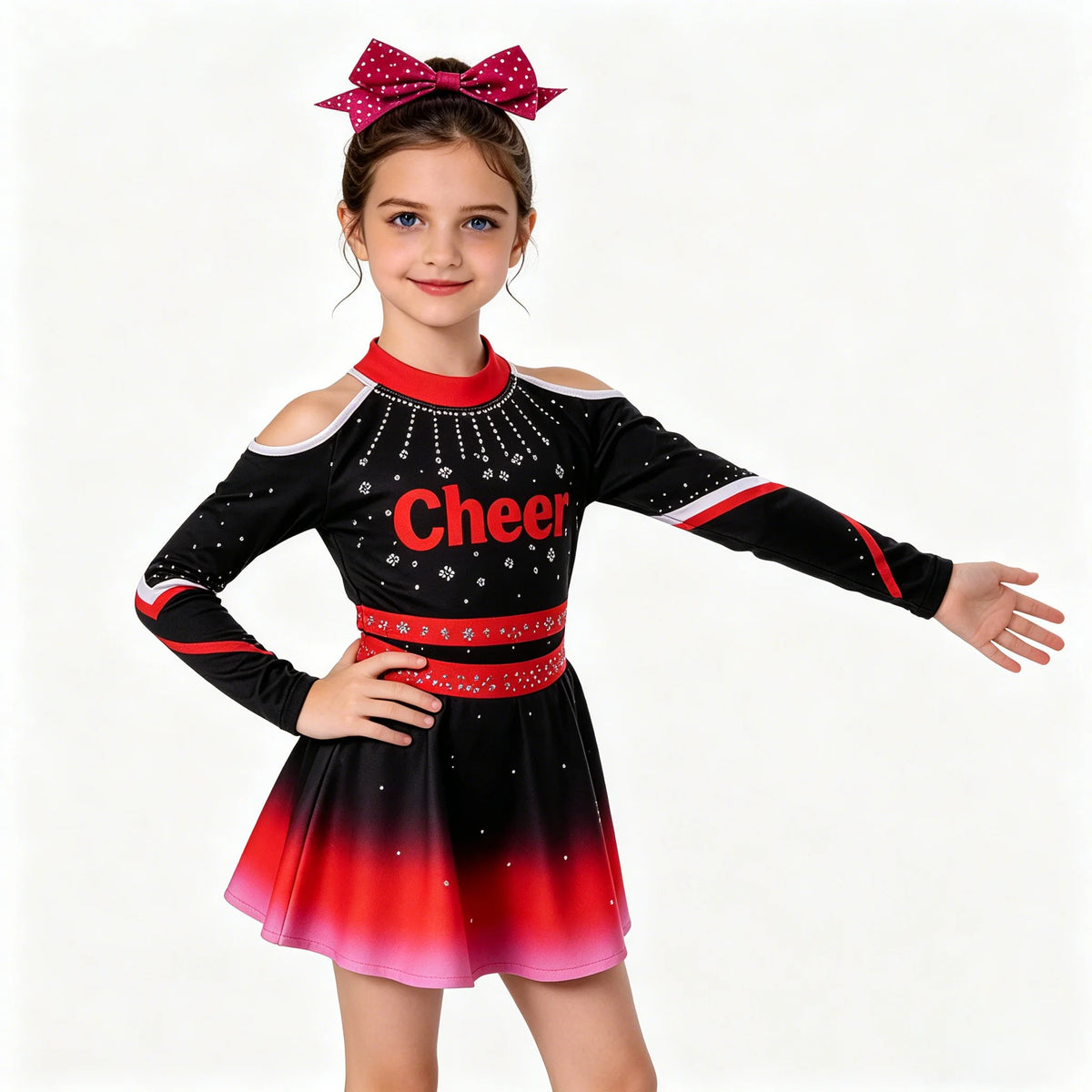 Colorful cheerleader costume for girls with rhinestones and gradient design, featuring a fitted top and skirt.