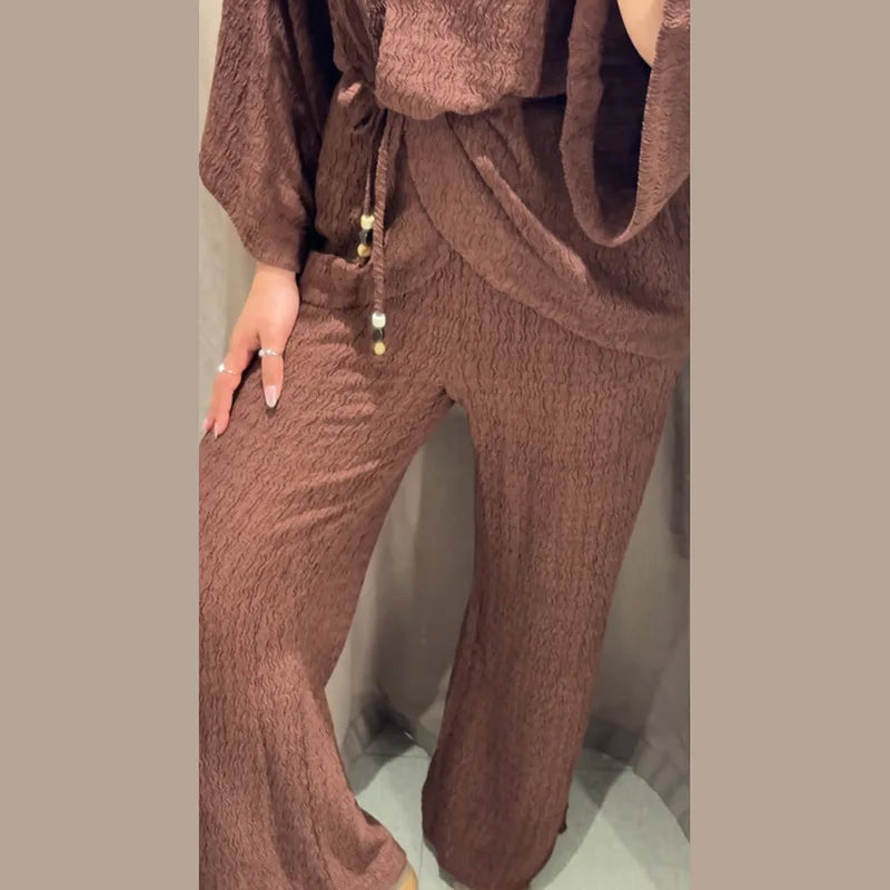 Conjunto Casual Mujer V-Neck Manga Ancha Lazo Pantalón Holgado