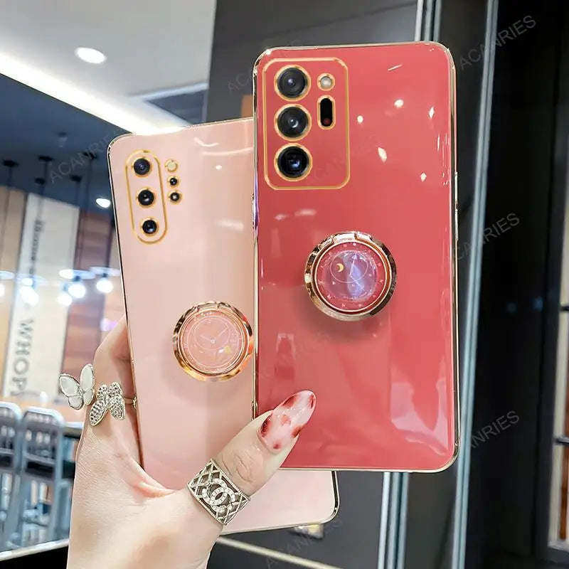 Samsung Galaxy Note20, Note10, Note9 phone case with built-in ring holder and gold plating, offering protection and convenient grip.