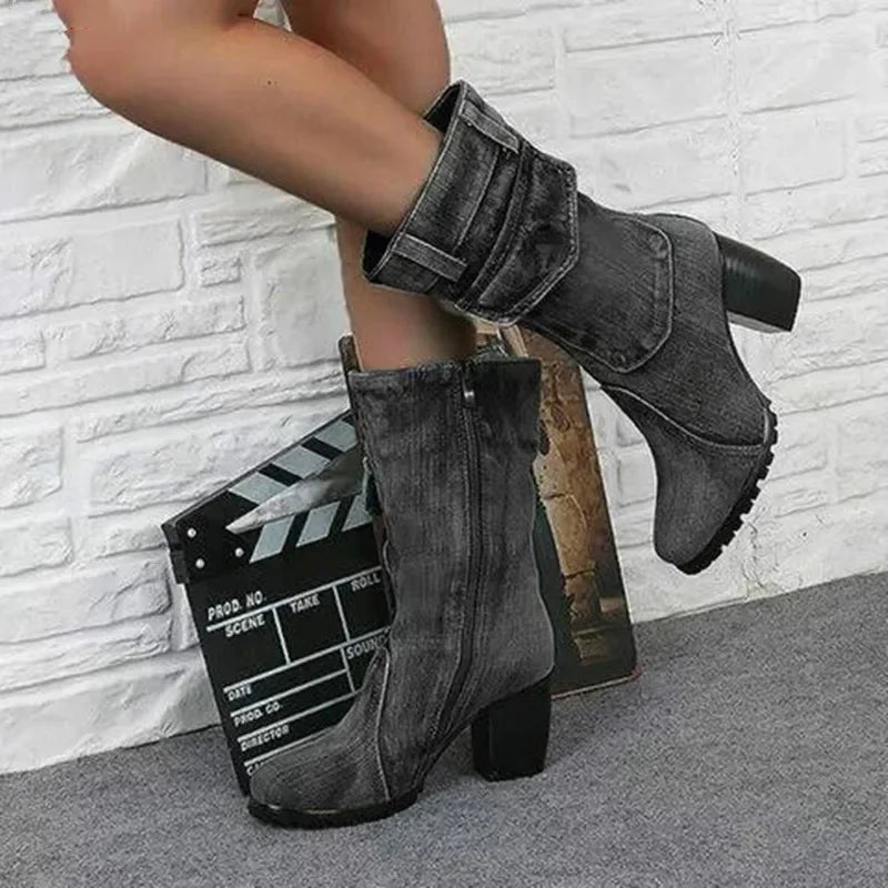 Botas De vaquero para Mujer, Zapatos individuales De tacó en color gris con tacón alto y diseño estilo británico.