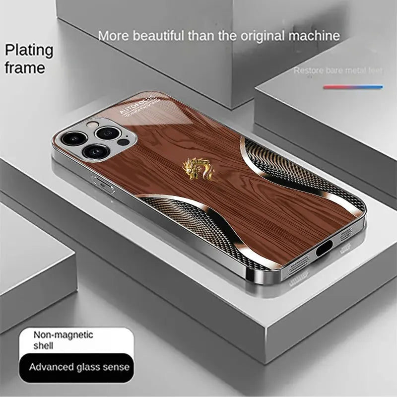 Electroplated glass phone case with patterned design, compatible with various smartphones, by Corporación Turística.