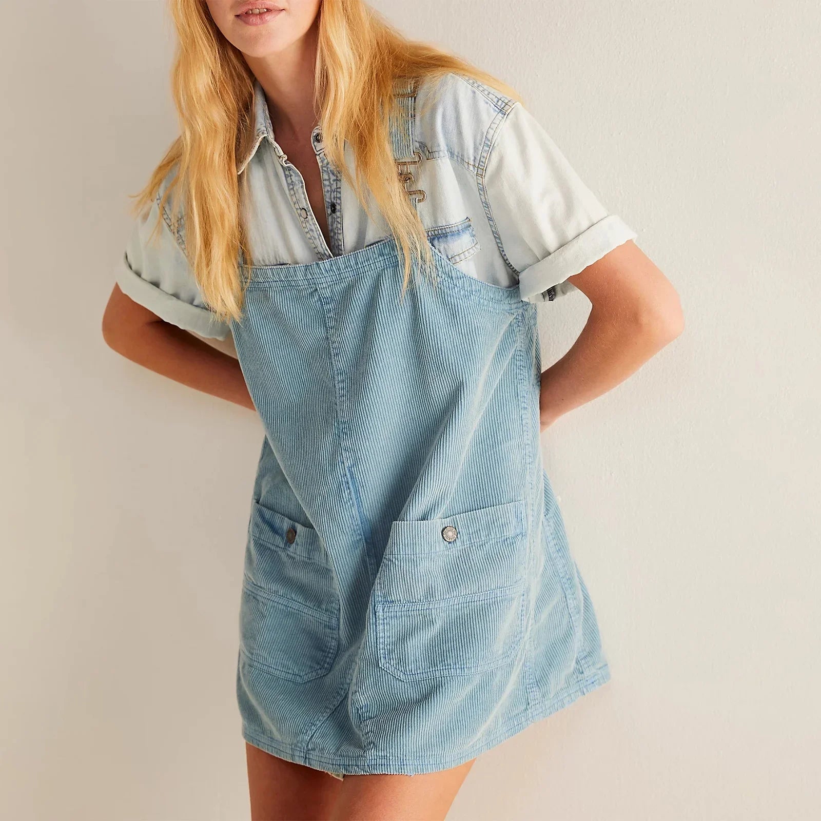 Vestido con pechera recta de pana para mujer, vestido con...