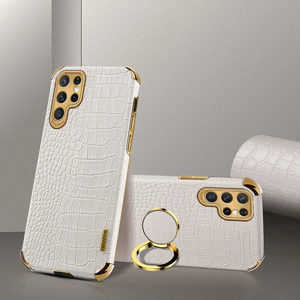 Leather Samsung Galaxy S23 Ultra case with patterned design by Corporación Turística, showcasing the textured exterior and precise fit.