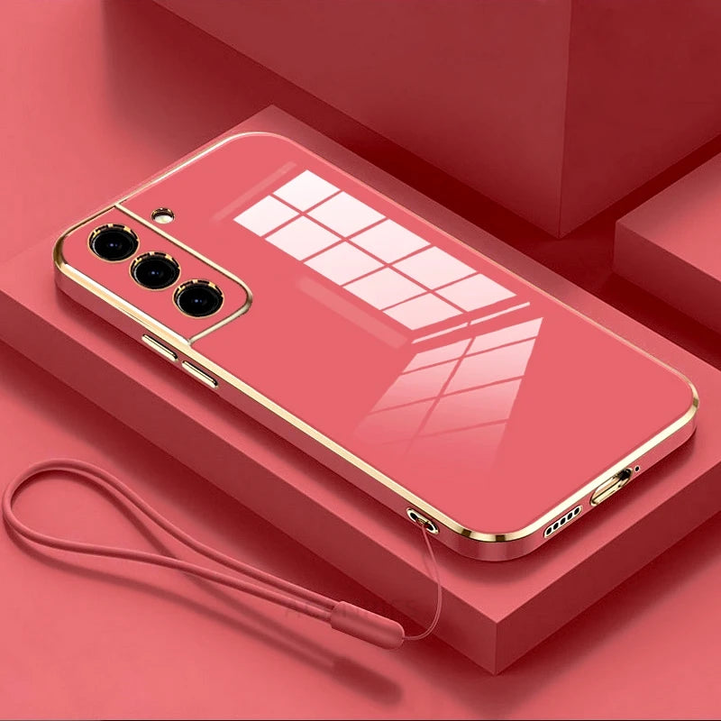 Silicone phone case with cord for Samsung Galaxy S24 Ultra, luxurious gold-plated finish, designed for protection and style.
