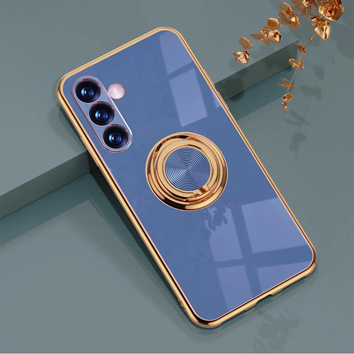 Luxury gold-plated magnetic phone case with built-in support, stylish and protective for smartphones.
