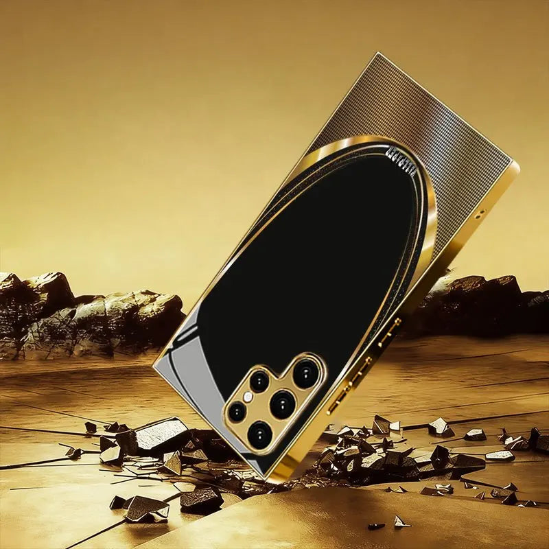 Golden glossy glass phone case from Corporación Turística featuring a shiny, reflective finish for stylish protection.