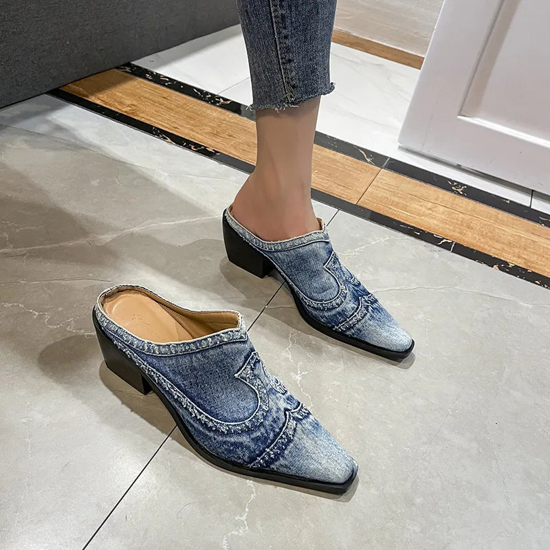 Zapatillas De mezclilla informales Sandalias De tacón alt...