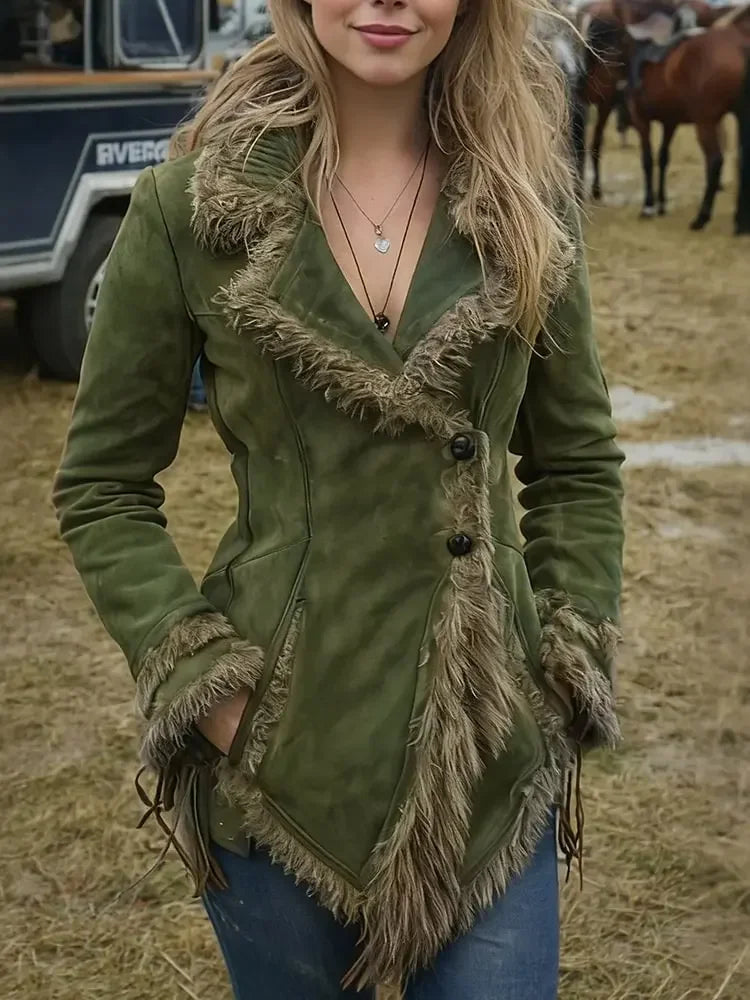 Abrigo de mujer de gamuza con cuello de piel, estilo occi...