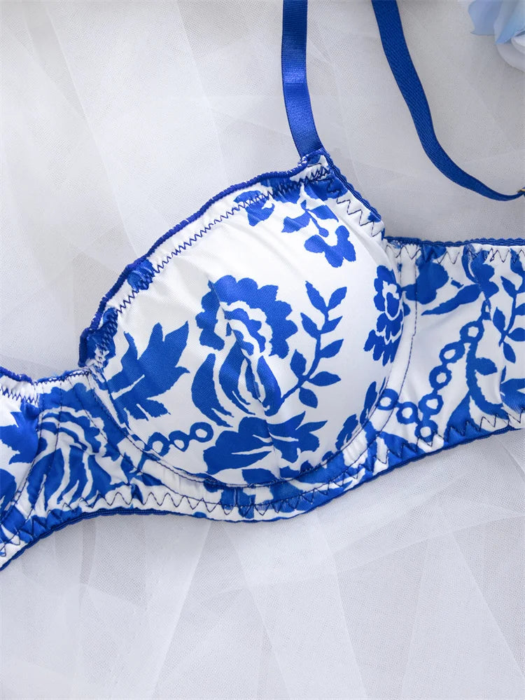Blue floral print women's lingerie set featuring a bra and matching panties from Corporación Turística.