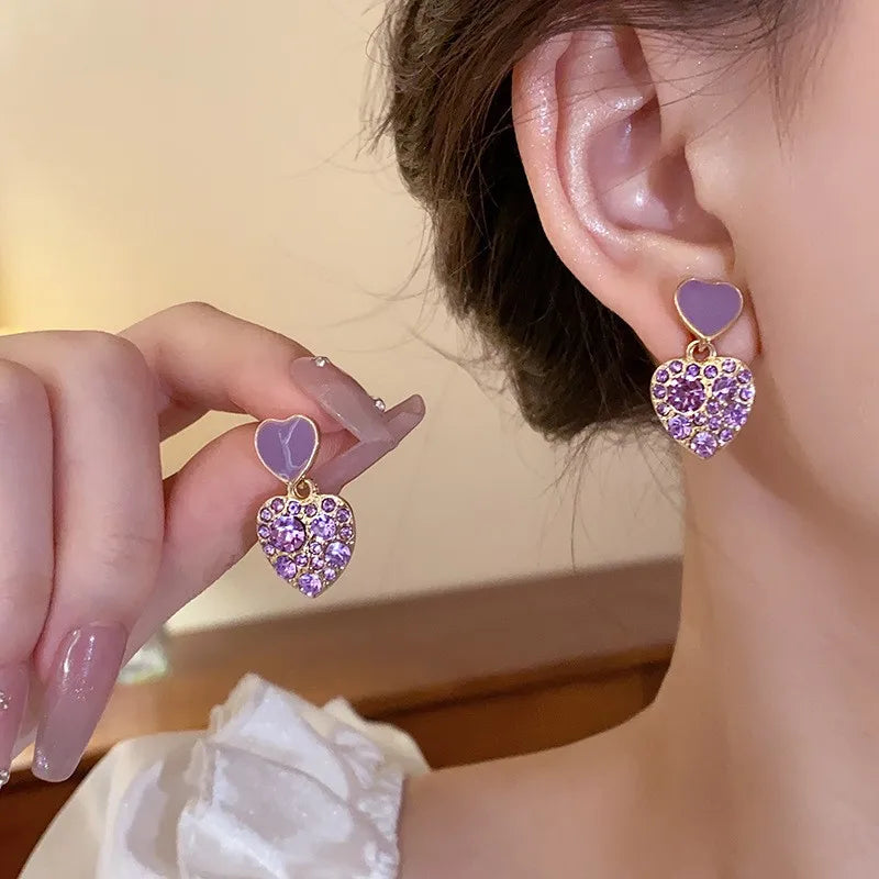 Pendientes de gota de corazón de cristal púrpura para muj...