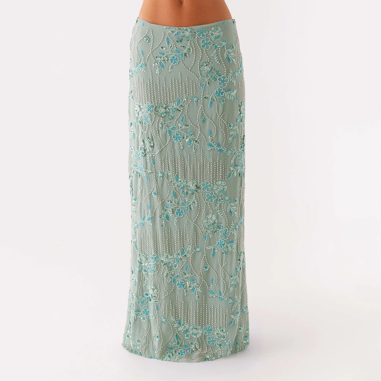 Falda larga elegante con lentejuelas y cuentas para mujer...