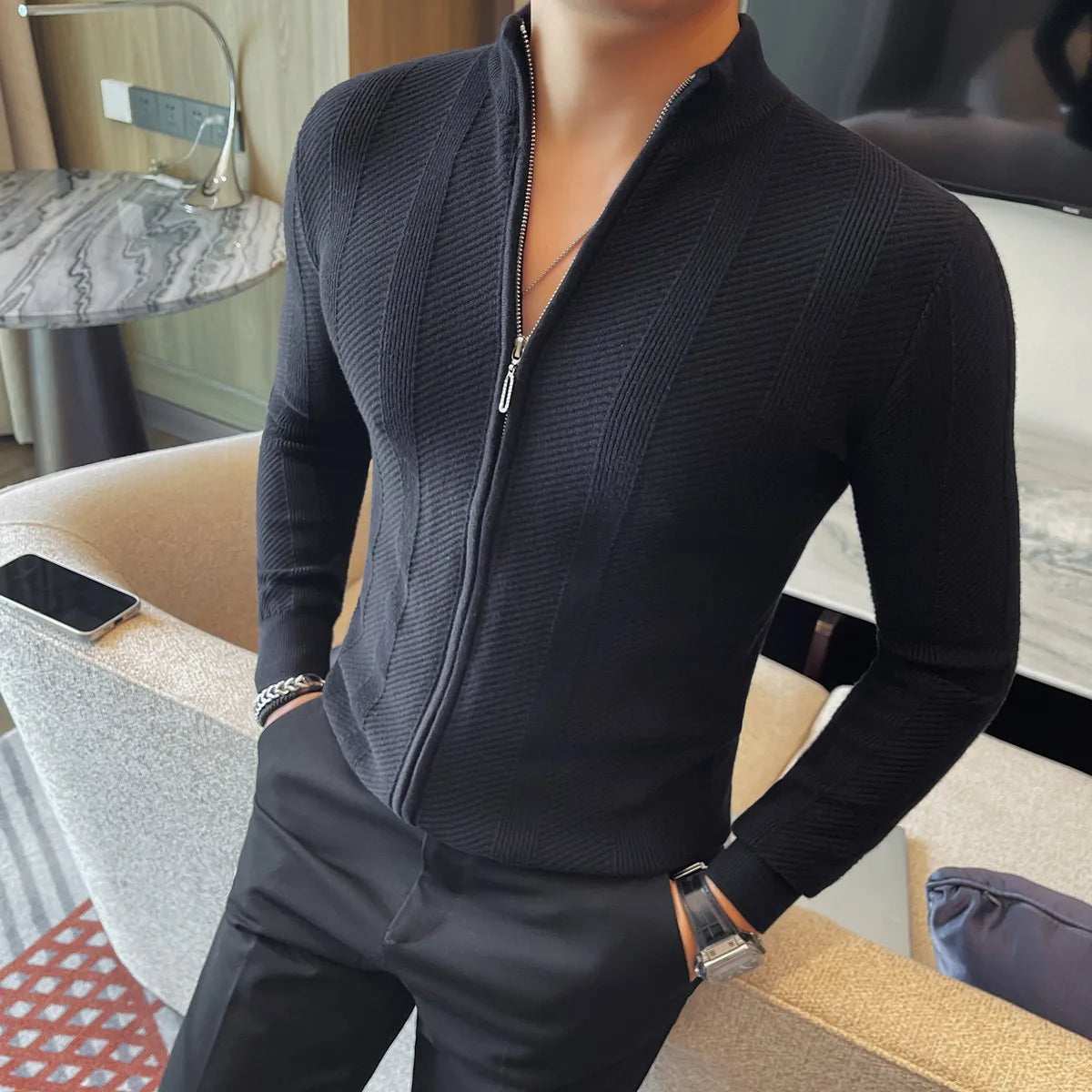 Suéter de Hombre Otoño Invierno Cremallera Cuello Alto Tejido Elástico Cálido