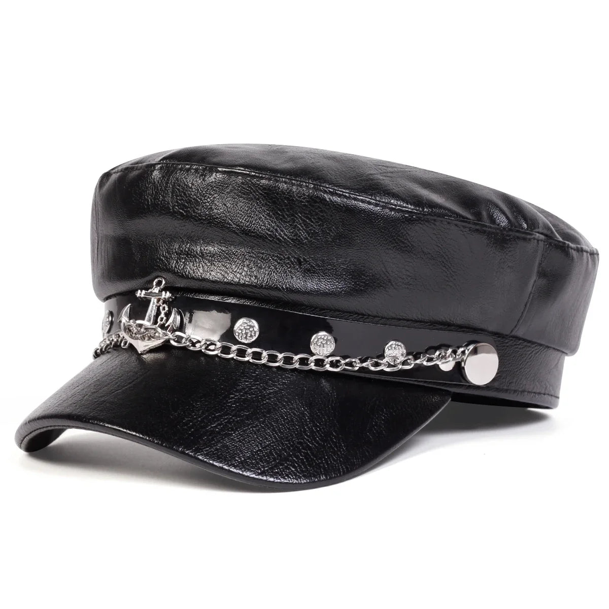 Boina de Cuero Unisex con Ancla - Gorra Marinero Primavera/Otoño Negra - Corporación Turística