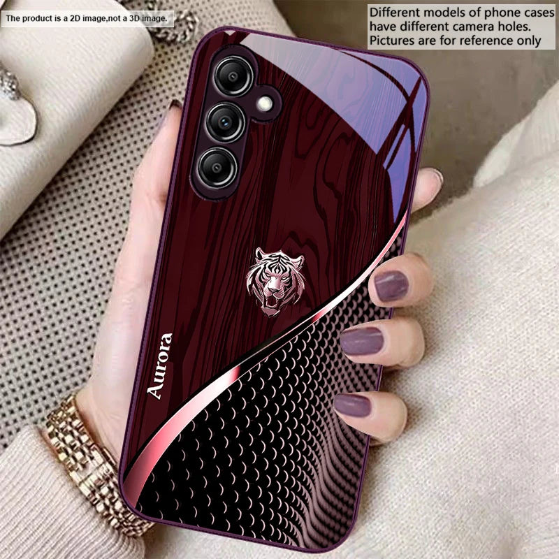 Glass phone case with a golden tiger design, featuring vibrant artwork and a sleek protective fit for smartphones.