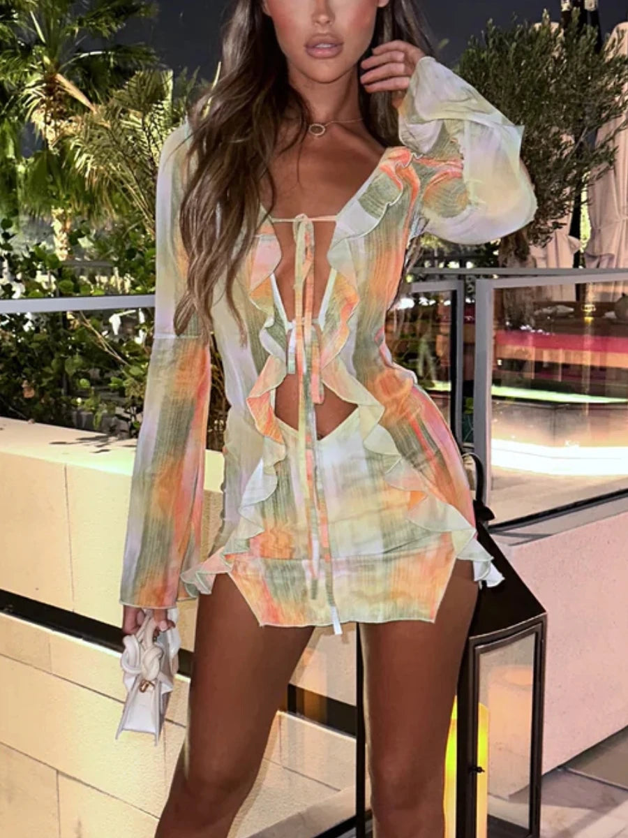 Mini vestido ajustado de manga larga para mujer, malla re...
