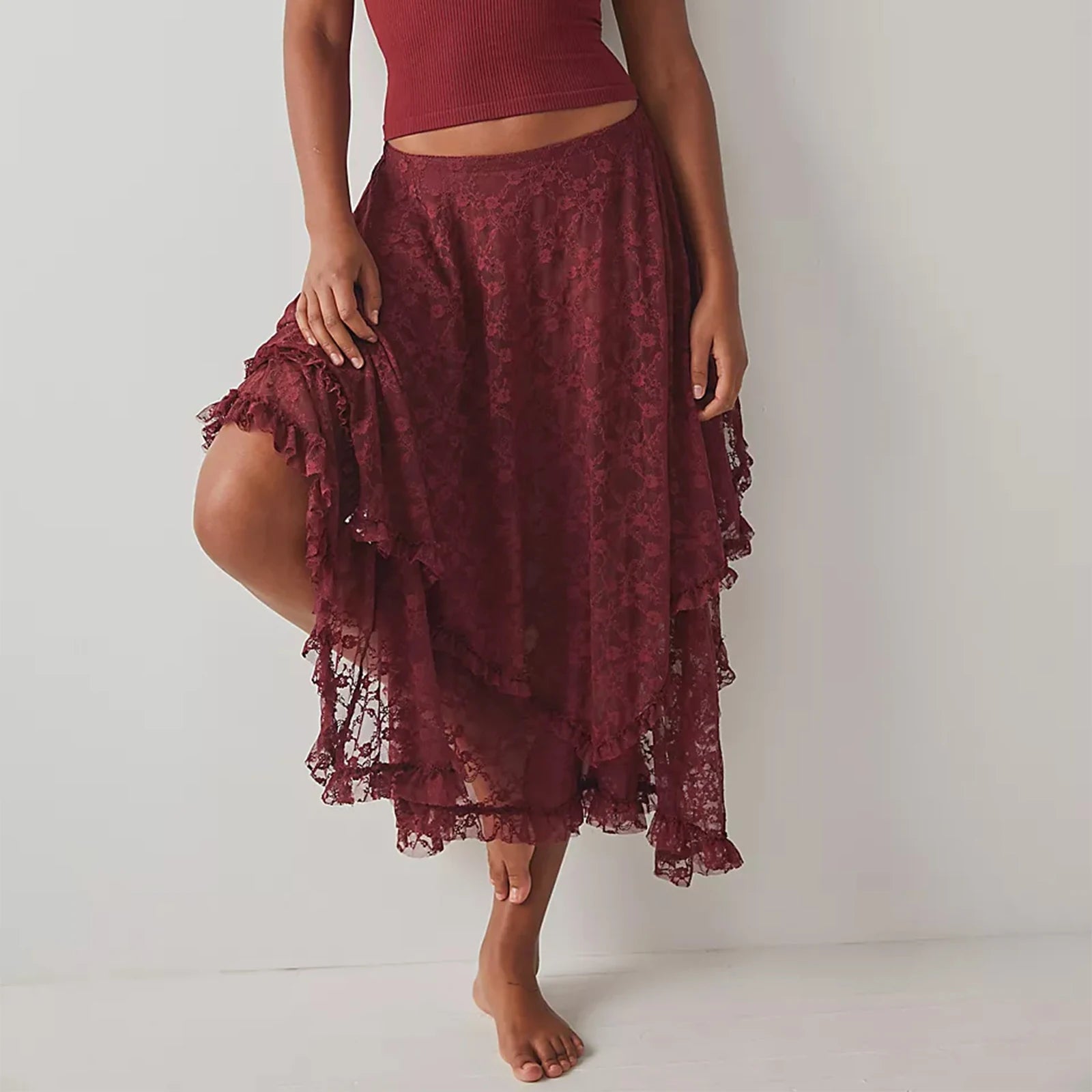 Faldas Midi de encaje Vintage para mujer, faldas elástica...