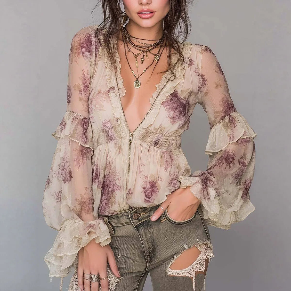 Camiseta de mujer vintage con estampado floral, cuello en...