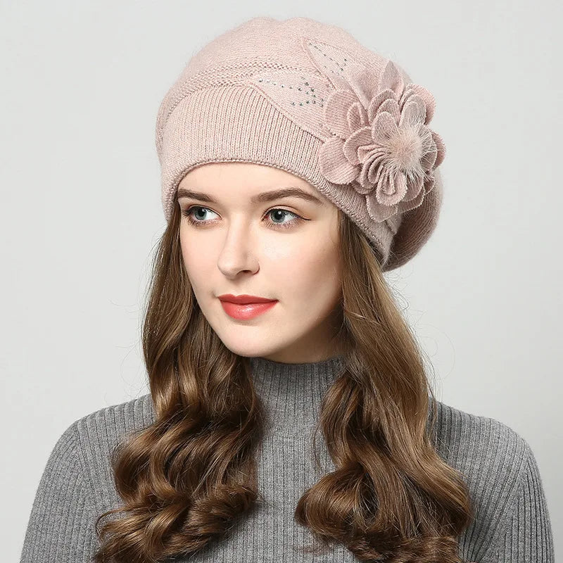 Boinas de conejo para mujer, Gorros de lana tejidos con f...