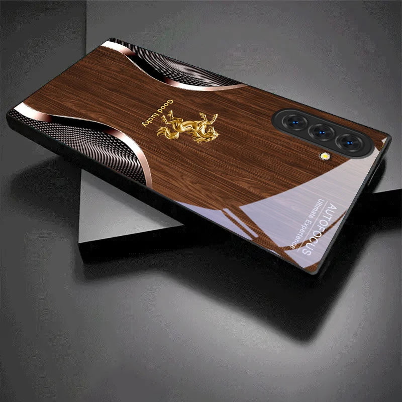 Black crystal Golden Steed Fortune phone case by Corporación Turística shown on a smartphone.