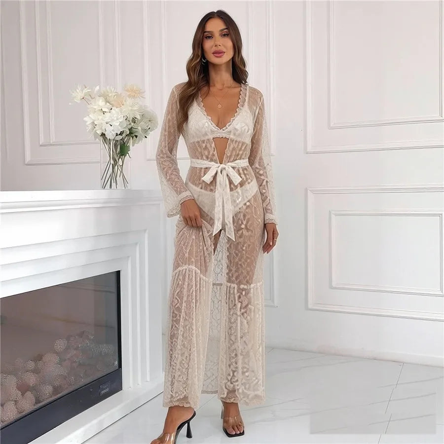 Light, transparent summer long nightgown for women by Corporación Turística, featuring delicate lace details and flowing fabric.