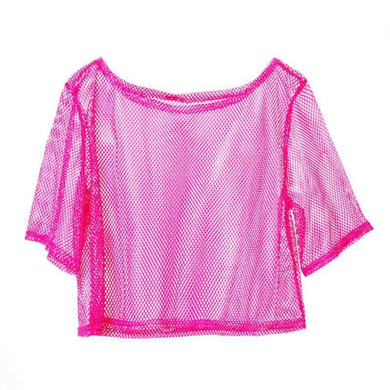 Transparent mesh disco-style women's T-shirt by Corporación Turística, featuring a fitted, see-through design with stylish detailing.