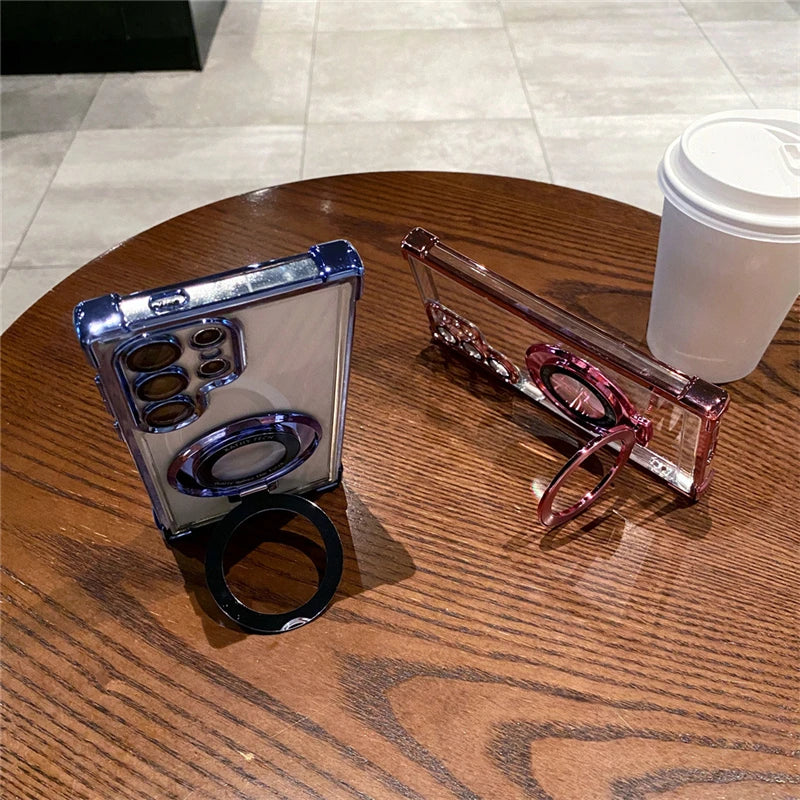 Transparent luxury Samsung Galaxy S25 Ultra case with a sleek frame, designed by Corporación Turística.