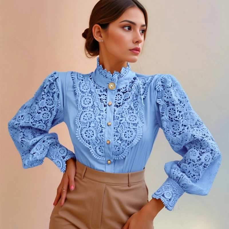 Blusa de encaje con manga de pétalo para mujer, camisa co...