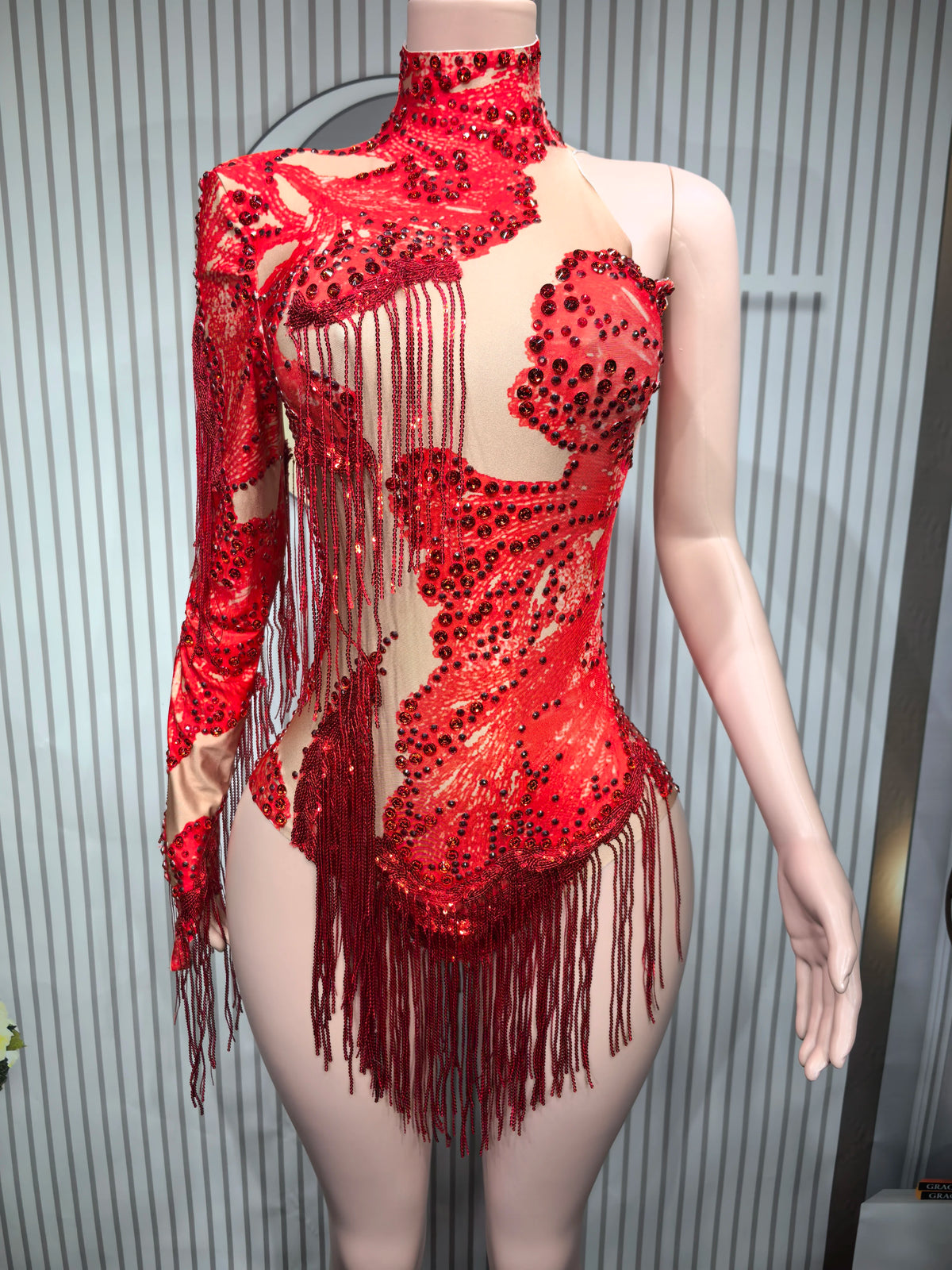 Close-up of a fitted women's sexy dance leotard with fringe details, designed for performance and style.
