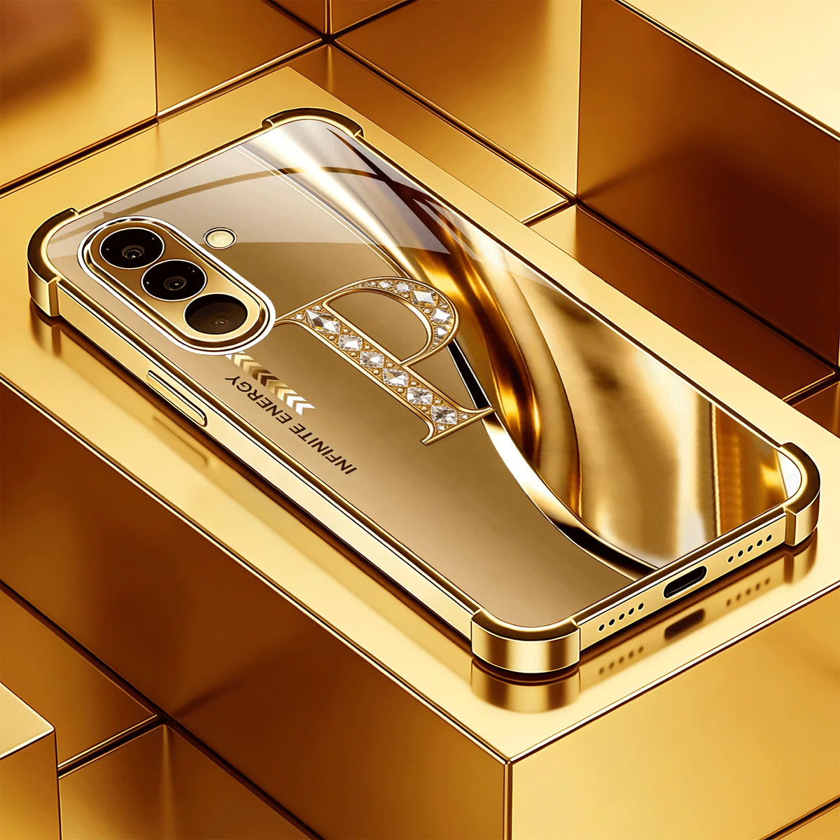 Samsung Galaxy S26/25/24/23/22 Plus Ultra FE phone case with gold letter "P," crystal corners, and lens protection.