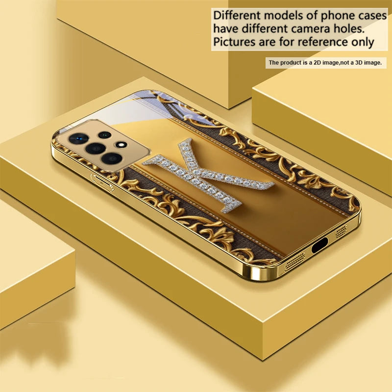 Golden crystal phone case with diamond accents, designed by Corporación Turística, showcasing a luxurious and elegant protective cover.