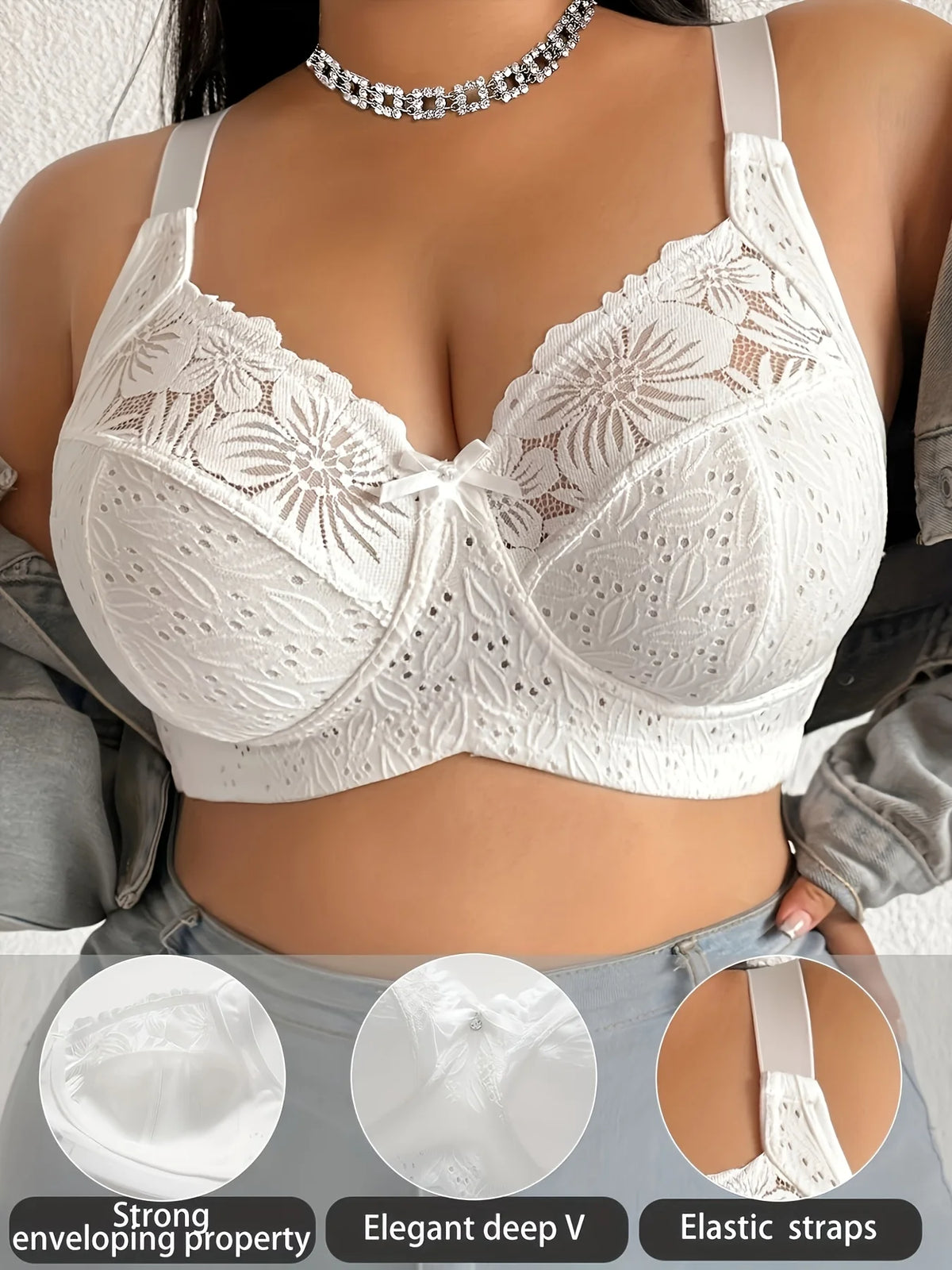 Large size women's bra with lace trim from Corporación Turística, featuring comfortable support and elegant lace detailing.