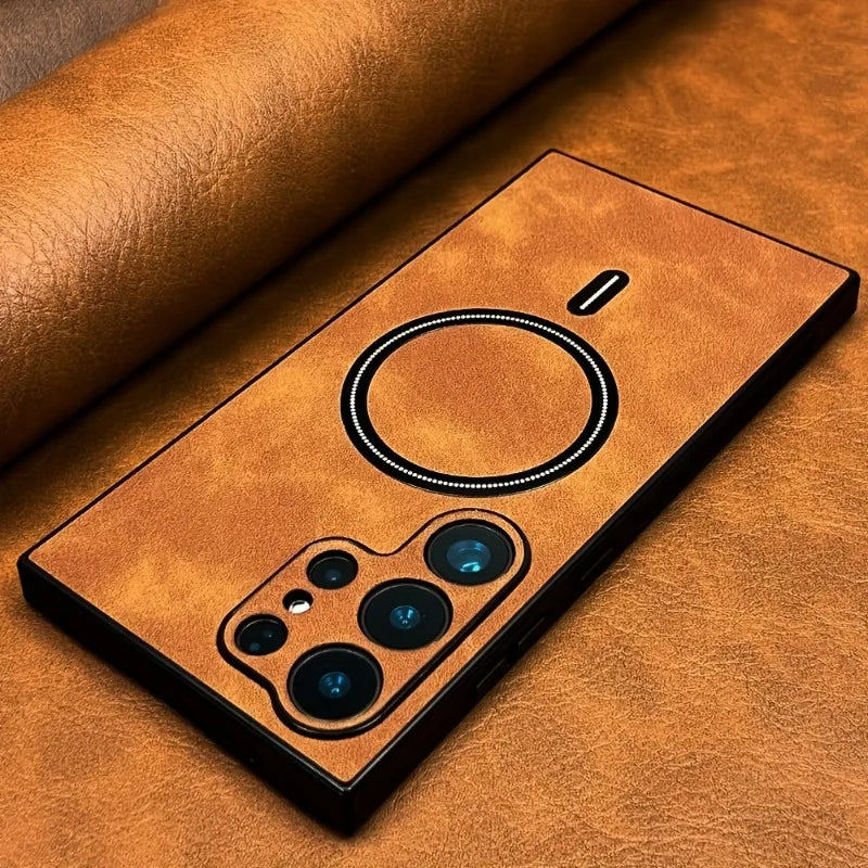 Leather PU magnetic phone case by Corporación Turística, showing the sleek black exterior and magnetic closure for mobile protection.