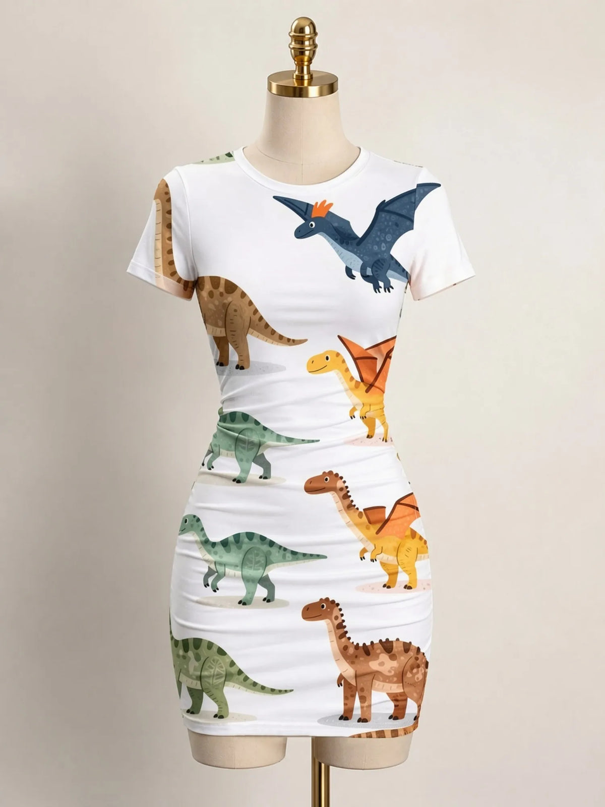 Fitted mini short-sleeve dress for women with a high neckline, featuring stylish design and vibrant color.