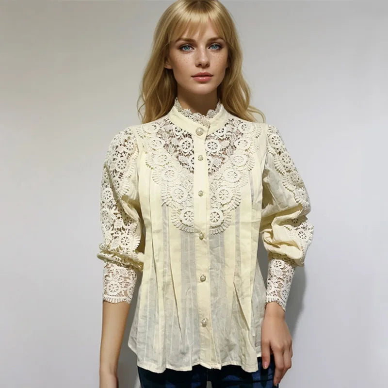 Blusa de encaje con manga de pétalo para mujer, camisa co...