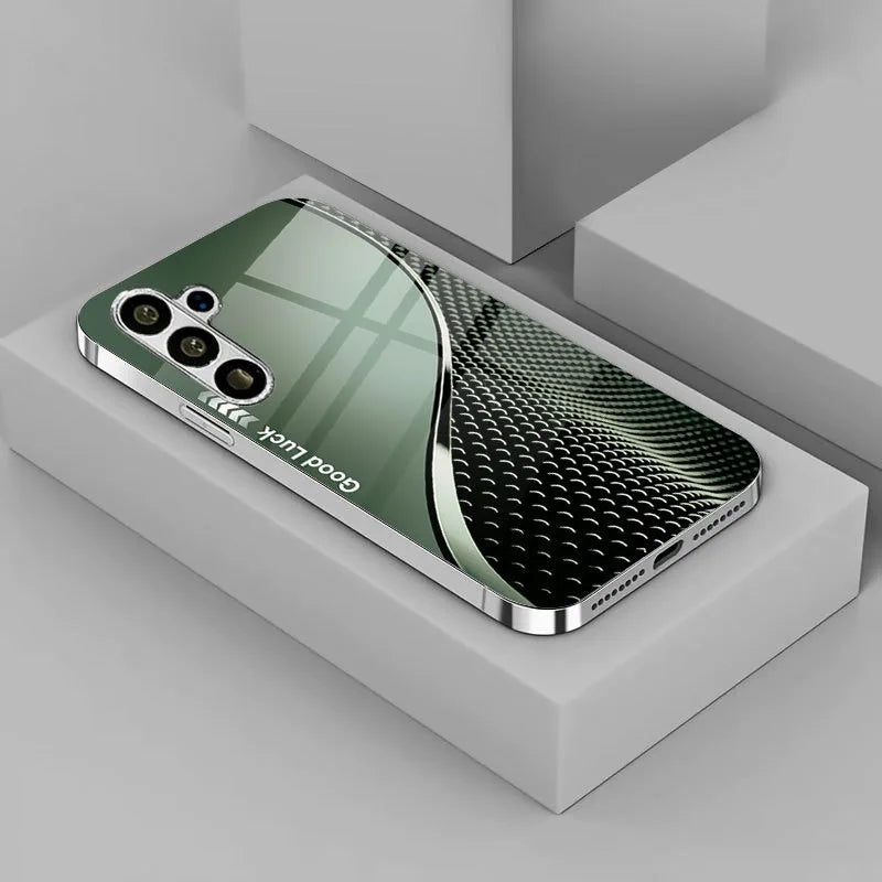 Electroplated glass phone case with decorative design, compatible with various smartphones, from Corporación Turística.