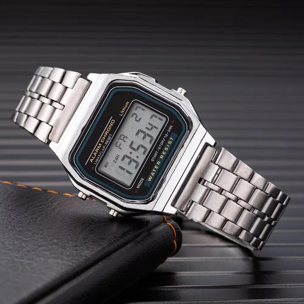 Reloj electrónico LED con tira de acero, cuadrado pequeño...