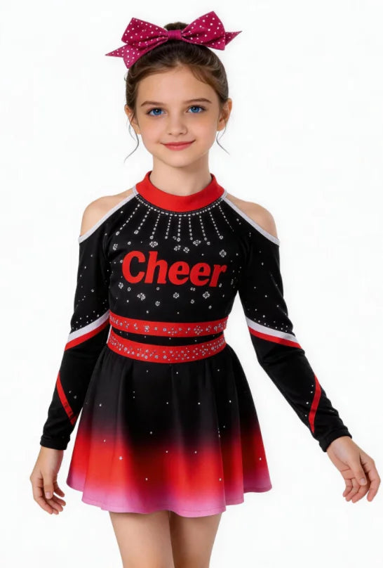 Young girl wearing a cheerleader costume with rhinestones and gradient design, designed for girls by Corporación Turística.