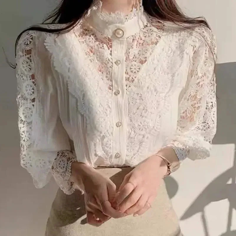 Blusa de encaje con manga de pétalo para mujer, camisa co...