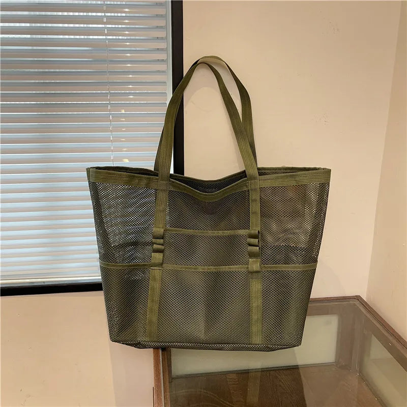 Bolso de Lona Grande Yogodlns: Elegante Tote Malla para Playa y Trabajo