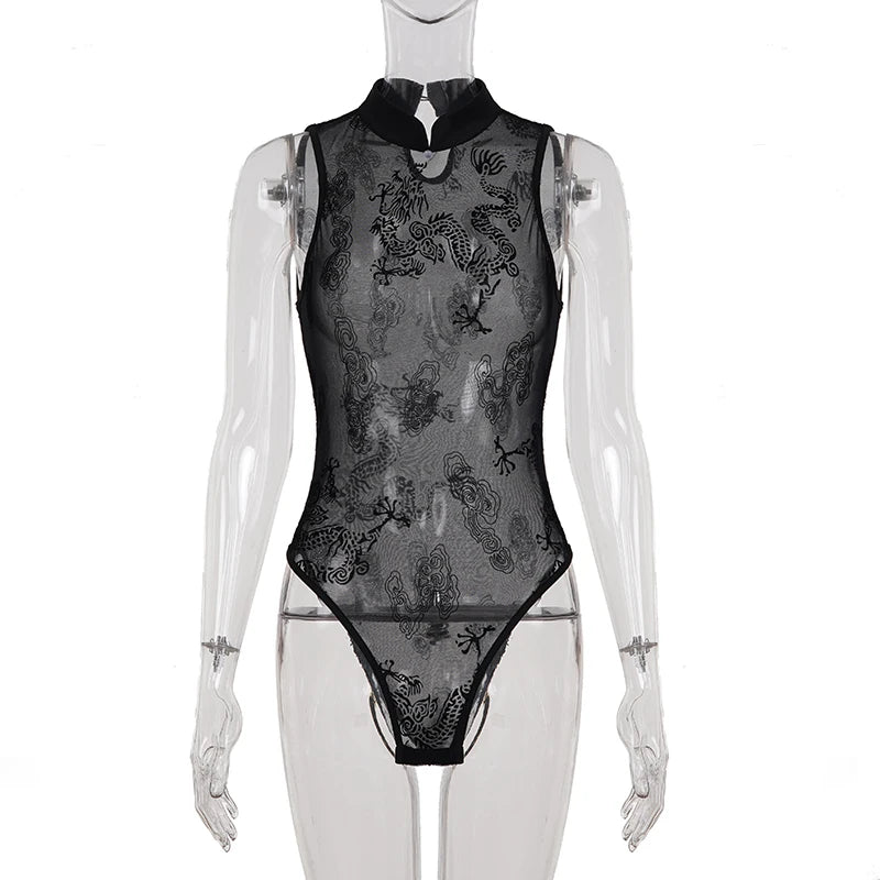 Dark printed mesh bodysuit by Corporación Turística featuring sexy, fitted design and stylish pattern.