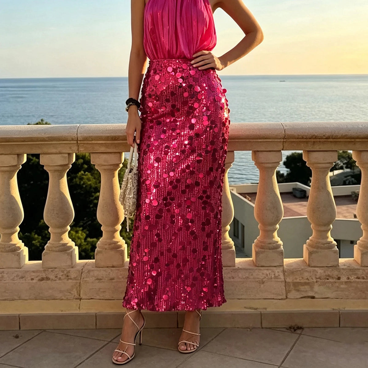 Falda Larga de Lentejuelas para Mujer, Elegante, de Cintu...